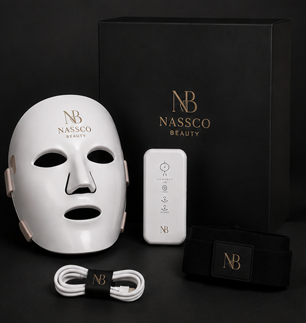 Nassco Beauty LED Radiance Mask box opened to reveal branded tissue paper and a gold seal